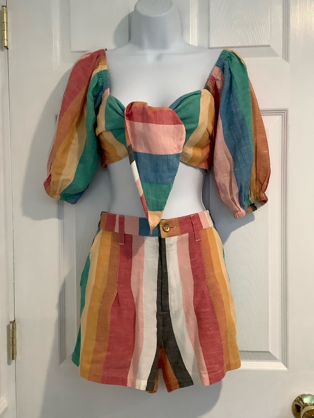 BILLABONG x SINCERELY JULES 2 Pc Rainbow Stripe Flax Blend Summer Shorts Set M/L